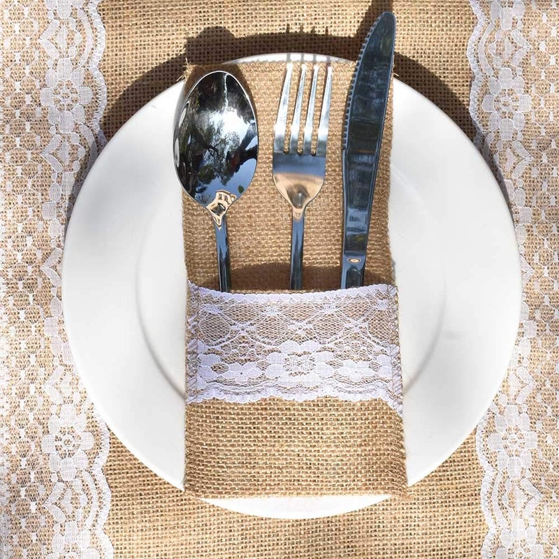 Bodosac Awtlife 60 Packs Xmas Burlap Lace Utensil Holders Silverware Cutlery Pouch Knifes Forks Bag for Vintage Wedding - Image 1